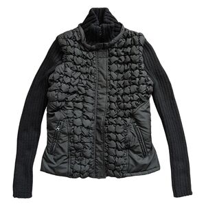 CLK Black Mixed Media Quilted Cinch Waist Front Knit Sleeve Jacket Size S/M